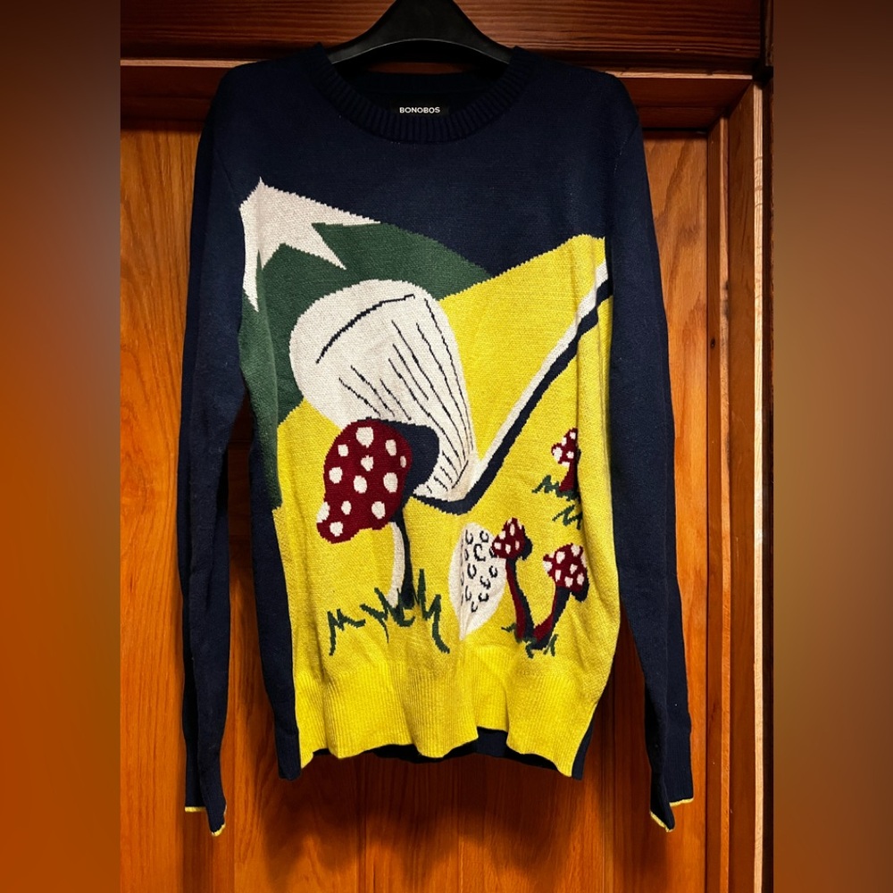 Golf Mushrooms Sweater Medium Bonobos Merino Wool Alpaca Blend Blue Yellow Mens